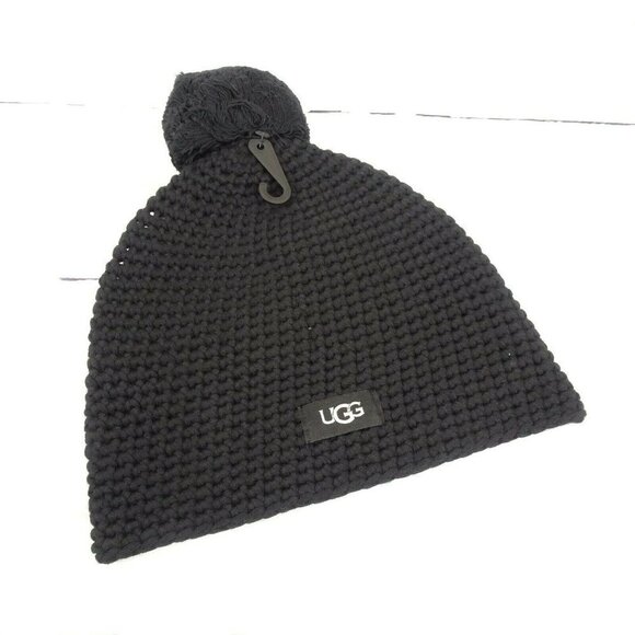 New UGG Pom Pom Knit Beanie Women's Men's Unisex Wool-Blend Logo OS Black - Picture 4 of 11